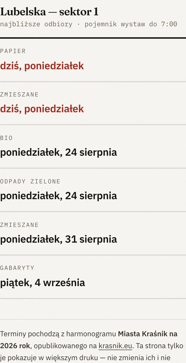 Widok wywozu śmieci na telefonie: ulica Lubelska, sektor 1, terminy odbioru po rodzaju odpadu.