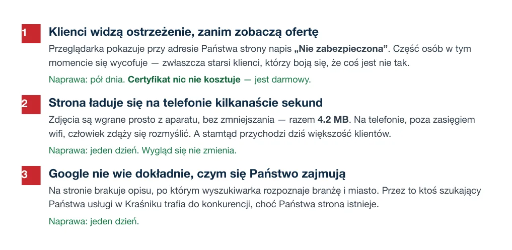 Fragment kartki z przeglądem strony: trzy ponumerowane punkty, przy każdym opis problemu i czas naprawy.