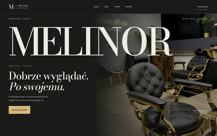Strona barbera Melinor: wielki napis MELINOR na ciemnym tle, za nim czarno-złote fotele w salonie.