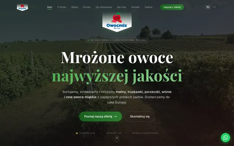 Strona OWOCMIX: katalog mrożonych owoców z galerią zdjęć produkcji.