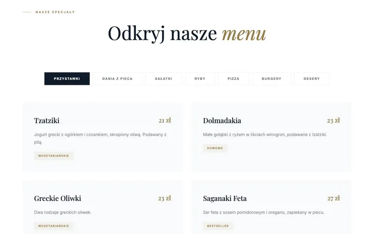 Menu na stronie Santorini: zakładki kategorii, dania z opisami i cenami.