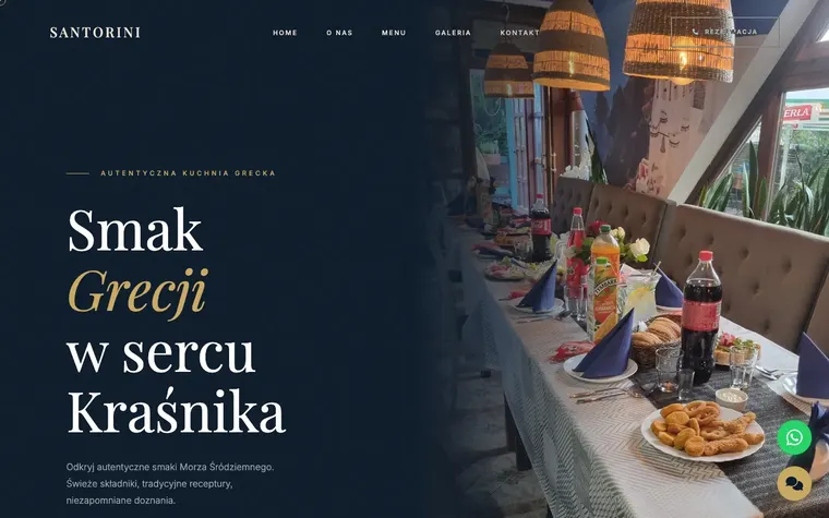 Strona restauracji Santorini: ciemny układ ze złotymi akcentami i zdjęciem dania.